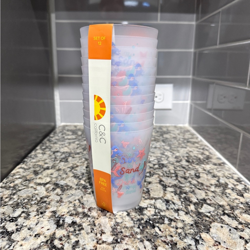 C&C California Frosted Stackable Cups with Blue and Coral Sea Print